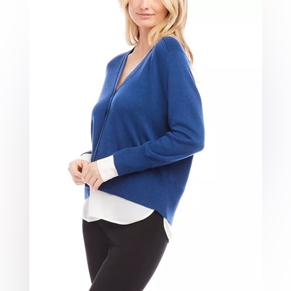 KAREN KANE Cashmere Blend Mixed Media Twofer Layered Look Sweater in Blue NWT - Picture 2 of 12